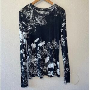 BCBGMAXAZRIA Buttery Soft Long Sleeve Black W/ White Floral Tee XS